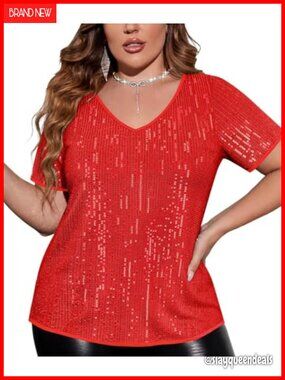 Plus Size Sequin Tops Short Sleeve V-Neck Sparkly Tunic Party Shirt